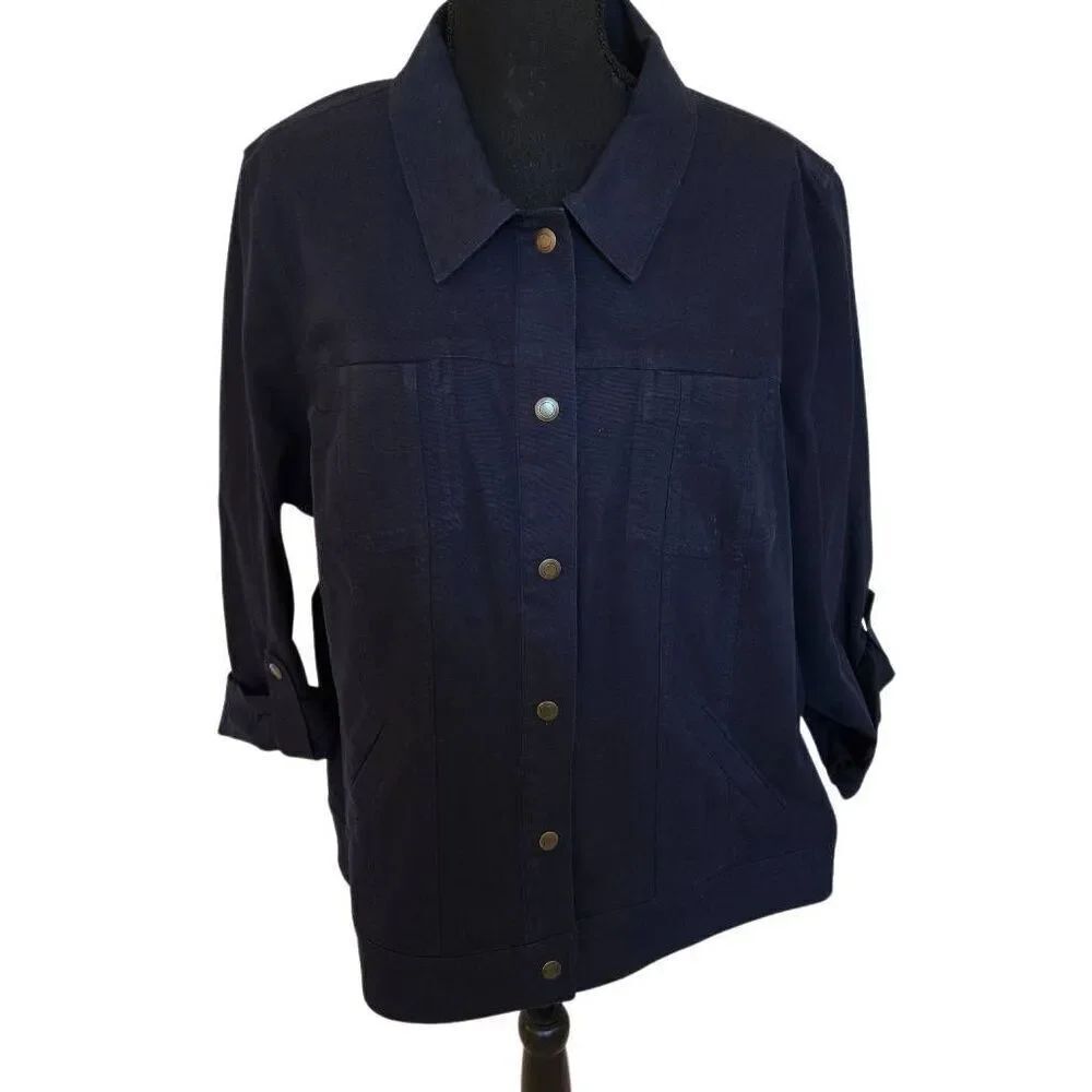 Christopher & Banks Womens Roll Tab Sleeve Snap Front Jacket Navy Blue Size 2X